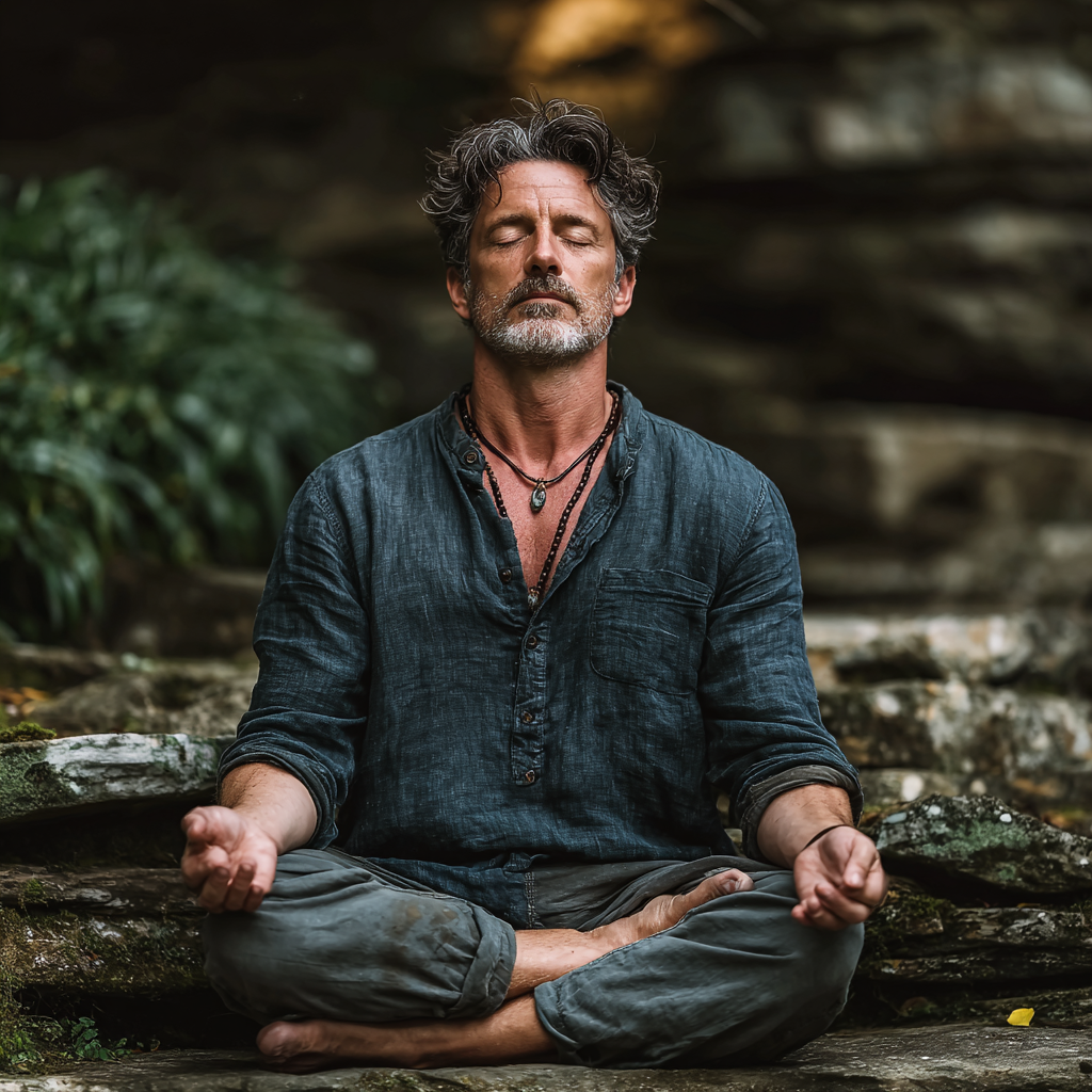 Experienced male yoga instructor in his late 40s demonstrating mindful breathing technique in a natural outdoor environment surrounded by greenery