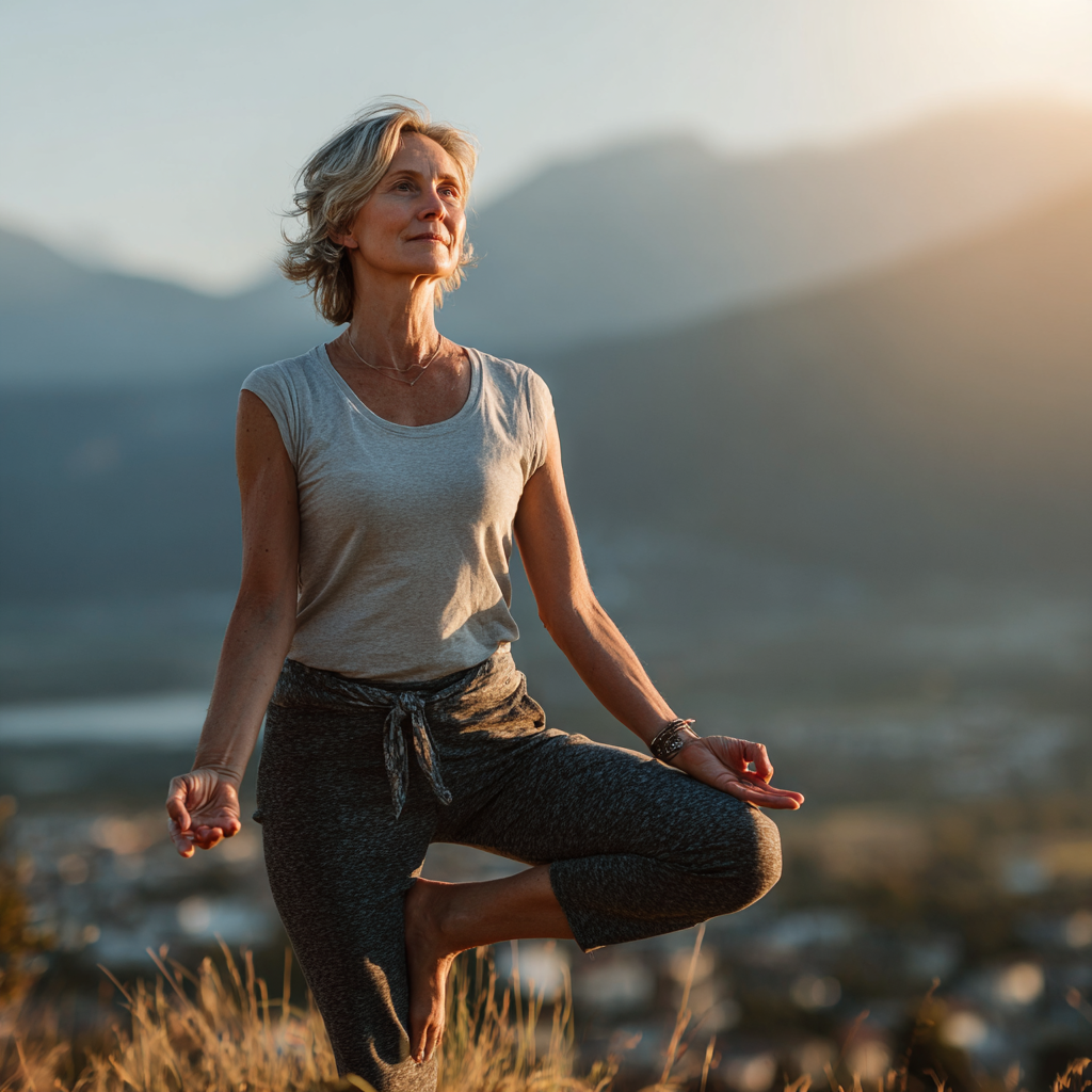 Middle-aged woman in her 50s practicing yoga in a peaceful outdoor setting, demonstrating a graceful tree pose with serene mountain landscape in background